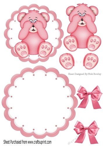 Cute little pink baby bear with bows rocker card