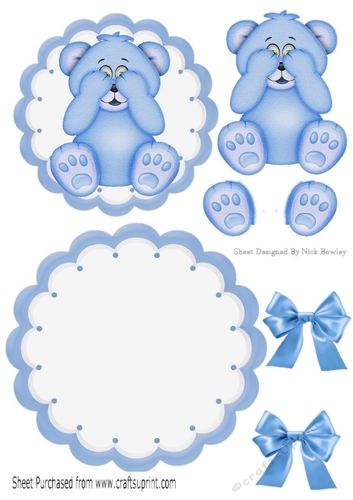 Cute little blue baby bear with bows rocker card
