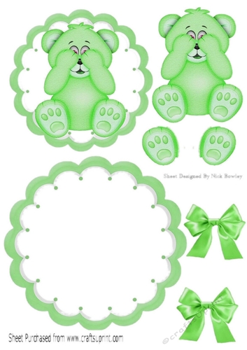 Cute little green baby bear with bows rocker card