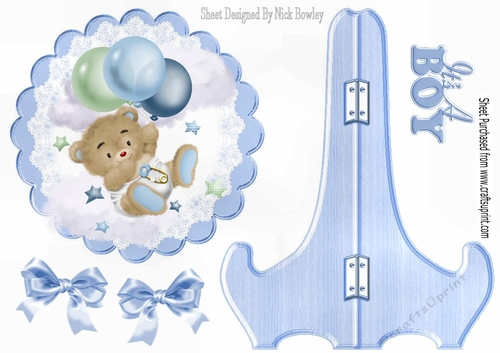 Cute baby bear wth balloons on blue plate & stand