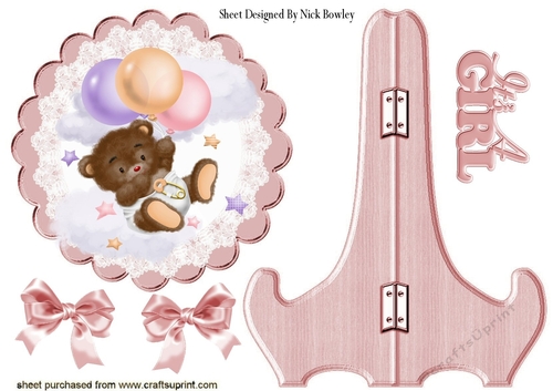 Cute baby bear wth balloons on pink plate & stand