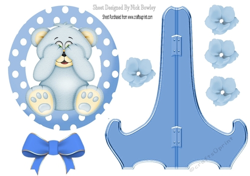 Cute blue peekaboo teddy bear with bow plate and stand