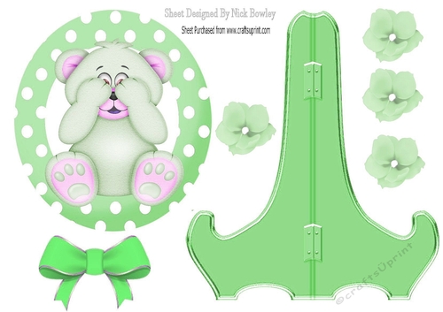 Cute green peekaboo teddy bear with bow plate and stand