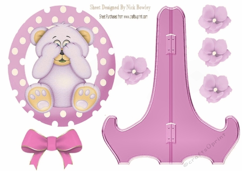  cute pink peekaboo teddy bear with bow plate and stand, also can be seen in other designs  (animals)