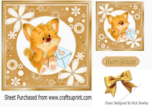 Cute ginger kitty with gold bow in floral 7x7 frame
