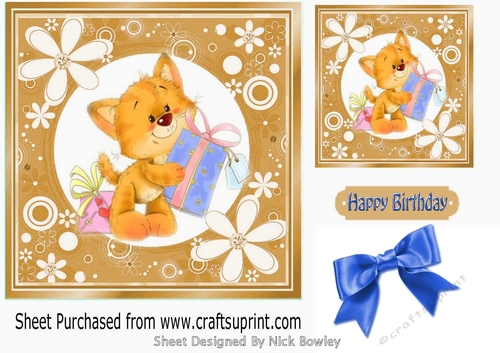 Cute ginger kitty with blue bow in floral 7x7 frame