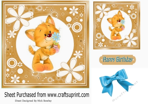 Cute ginger kitty with turq bow in floral 7x7 frame