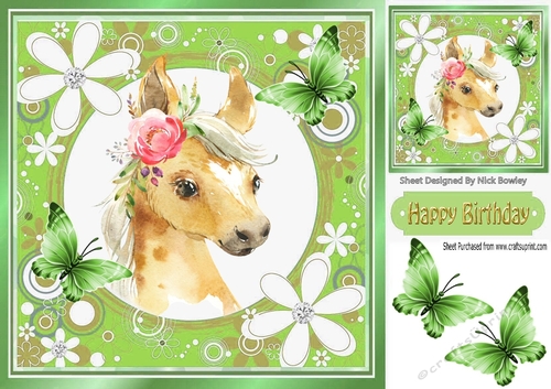 Pretty  horse in floral frame with butterflies 7x7