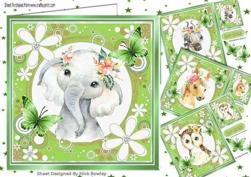  4 Animal card fronts in green floral frames with butterflies 8x8 mini kit
