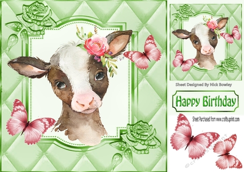 Cute cow with flowers, green butterflies in quilted 8x8 frame
