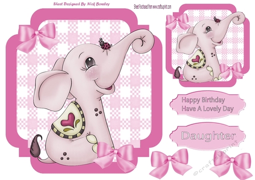 lovely little pink elephant with bows  on check 7x7 topper