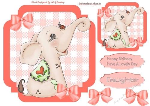 lovely little peach elephant with bows  on check 7x7 topper