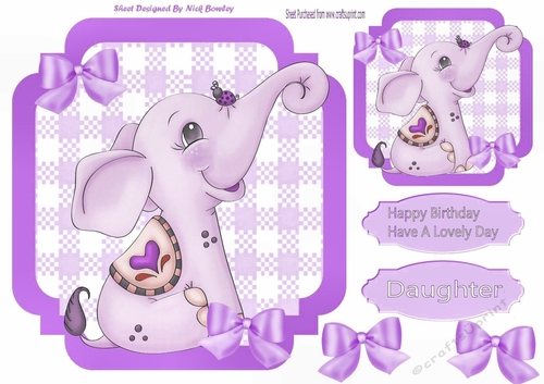 lovely little lilac elephant with bows  on check 7x7 topper