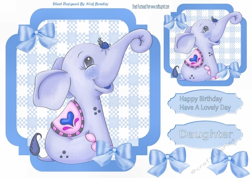 lovely little blue elephant with bows  on check 7x7 topper