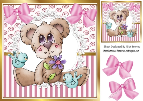 Lovely bear with flowers and bows on lace with little birds 8x8