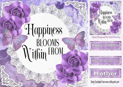 Pretty purple flowers, purple butterflies and verse on lace 8x8