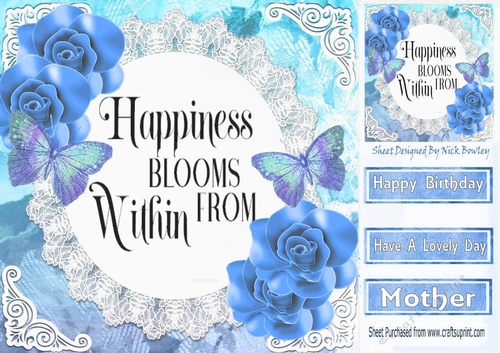 Pretty blue flowers, blue butterflies and verse on lace 8x8