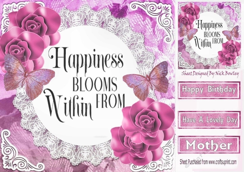 Pretty pink flowers, blue butterflies and verse on lace 8x8