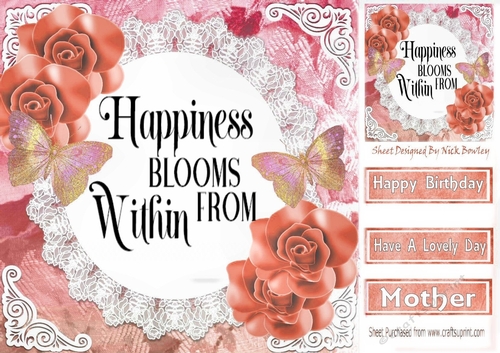 Pretty peach flowers, peach butterflies and verse on lace 8x8