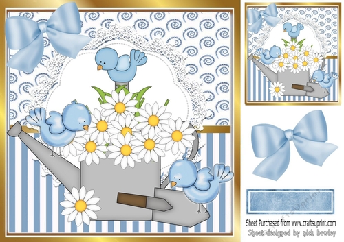 Pretty daisy watering can with blue birds and blue bow 8x8