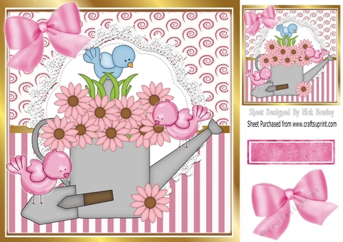 Pretty daisy watering can with  birds and pink bow 8x8