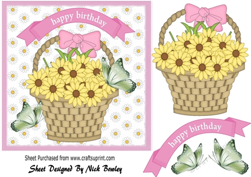 yellow daisies, with green butterflies in a basket 7x7