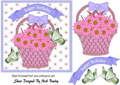 pink daisies, with green butterflies in a basket 7x7
