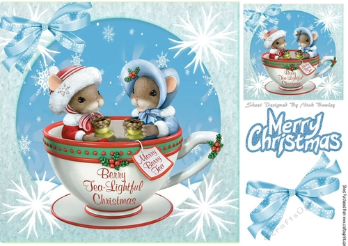 Cute mice in christmas teacup with bow and snowflakes 8x8