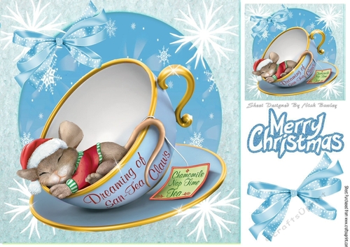 Cute sleepy mouse in a christmas teacup with bow and snowflakes 8x8