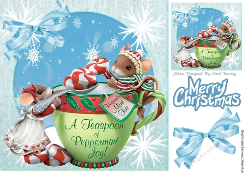 two little christmas mice with sweets with bow and snowflakes 8x8