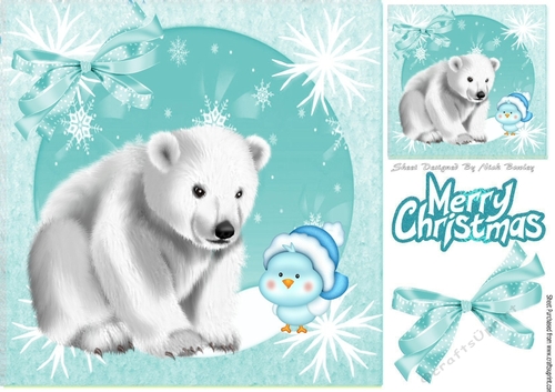 Lovely white polar bear with little blue bird and snowflakes 8x8