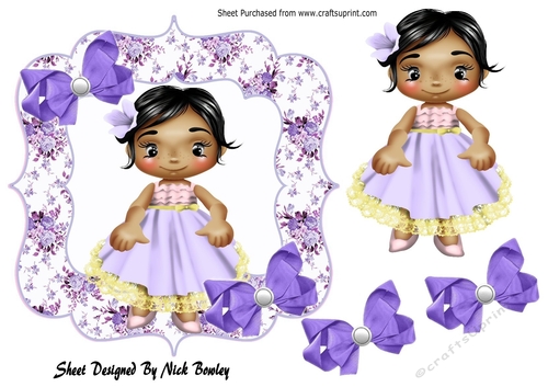 cute little girl with purple bows with pearls in flower frame