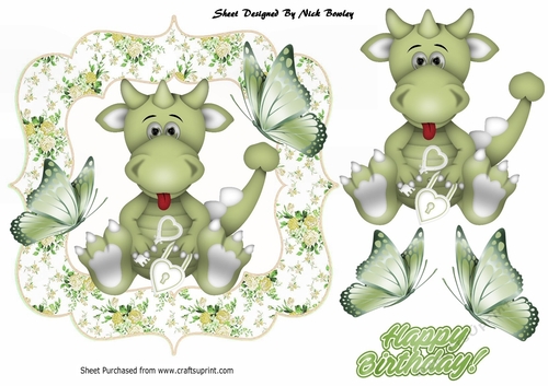 Cute little green dragon with heart in floral frame with butterflies 
