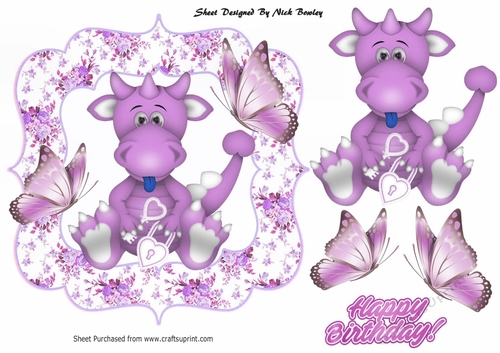 Cute little purple dragon with heart in floral frame with butterflies