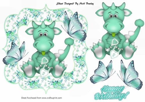 Cute little turq dragon with heart in floral frame with butterflies