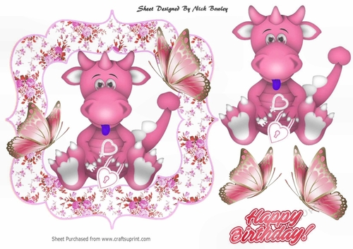 Cute little pink dragon with heart in floral frame with butterflies