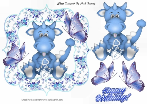 Cute little blue dragon with heart in floral frame with butterflies