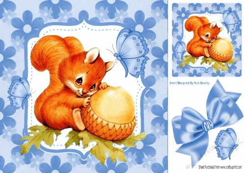 Cute red squirrel with acorn in floral blue frame 8x8