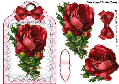 Pretty red vintage roses and bow on lace tag/topper