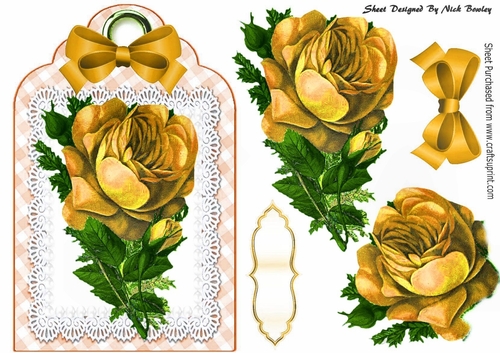 Pretty gold vintage roses and bow on lace tag/topper