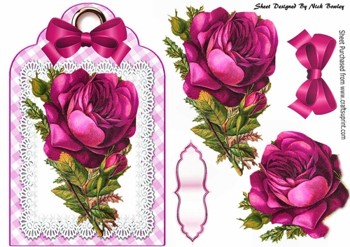 Pretty cerise vintage roses and bow on lace tag/topper