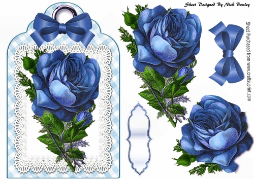 Pretty blue vintage roses and bow on lace tag/topper