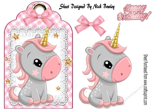 Cute little unicorn on lace tag/topper with pink bow