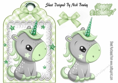 Cute little unicorn on lace tag/topper with green bow