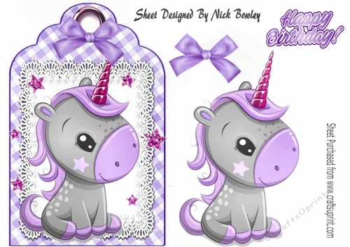 Cute little unicorn on lace tag/topper with purple bow
