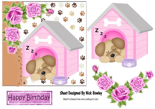 Cute puppy snoozing in dog kennel with pink roses 7x7