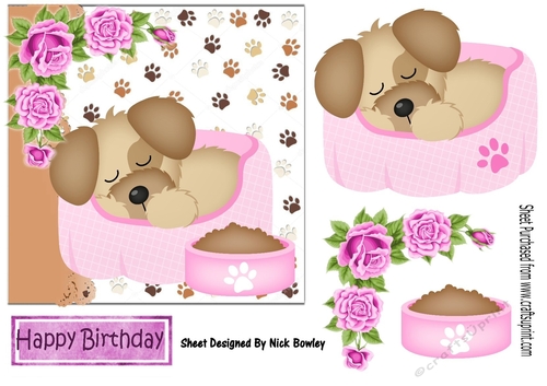 Cute puppy snoozing in her bed with pink roses 7x7