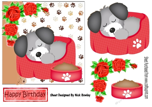 Cute puppy snoozing in her bed with red roses 7x7