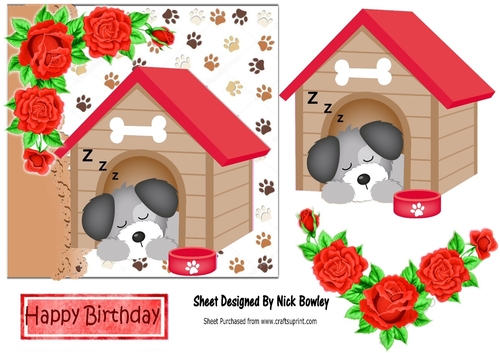 Cute puppy snoozing in dog kennel with red roses 7x7
