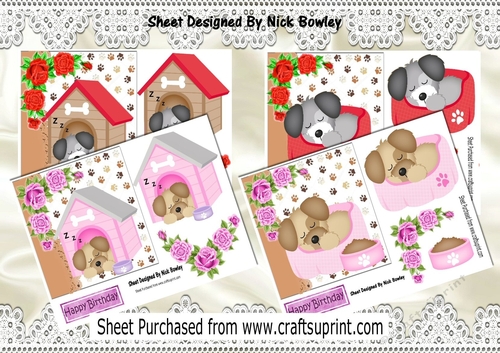  4 Cute puppies snoozing with pink/red roses 7x7 card fronts mini kit
